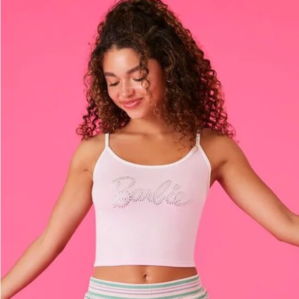 Barbie x Forever 21 pink and white bedazzled tank top